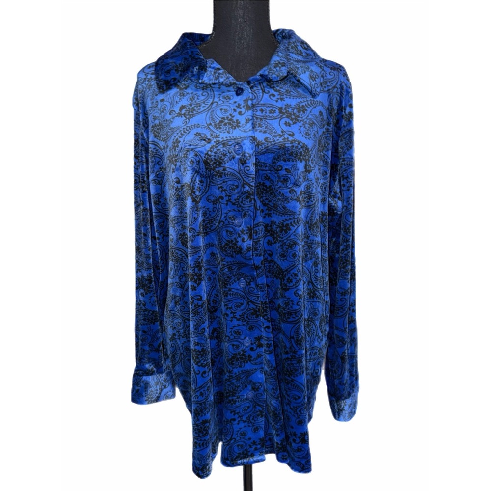 Woman Within Blue Paisley Velvet Button Down Shirt Long Sleeve Tunic Top L